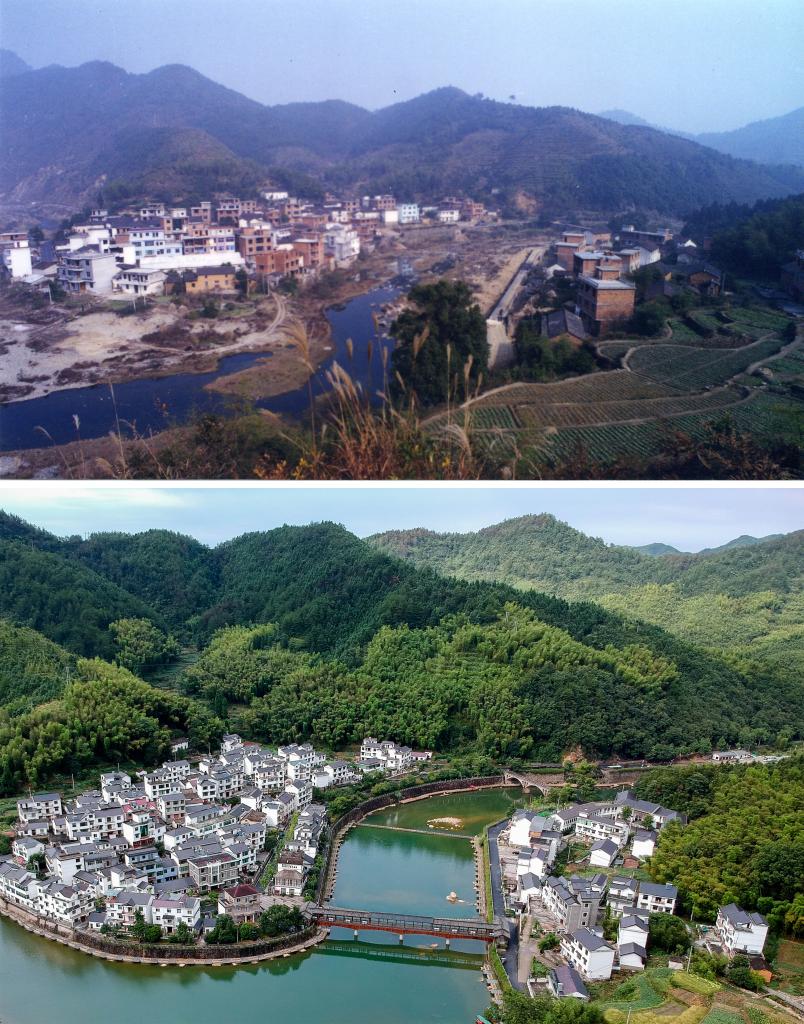 圖為浙江省杭州市淳安縣楓樹嶺鎮(zhèn)下姜村拼版圖，其中上圖為資料照片、下圖由新華社記者張鋮攝。